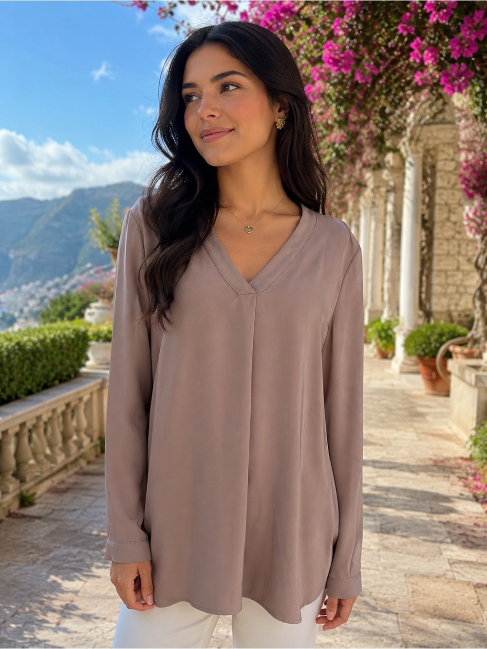 Reiss Taupe V-Neck Long Sleeve Blouse